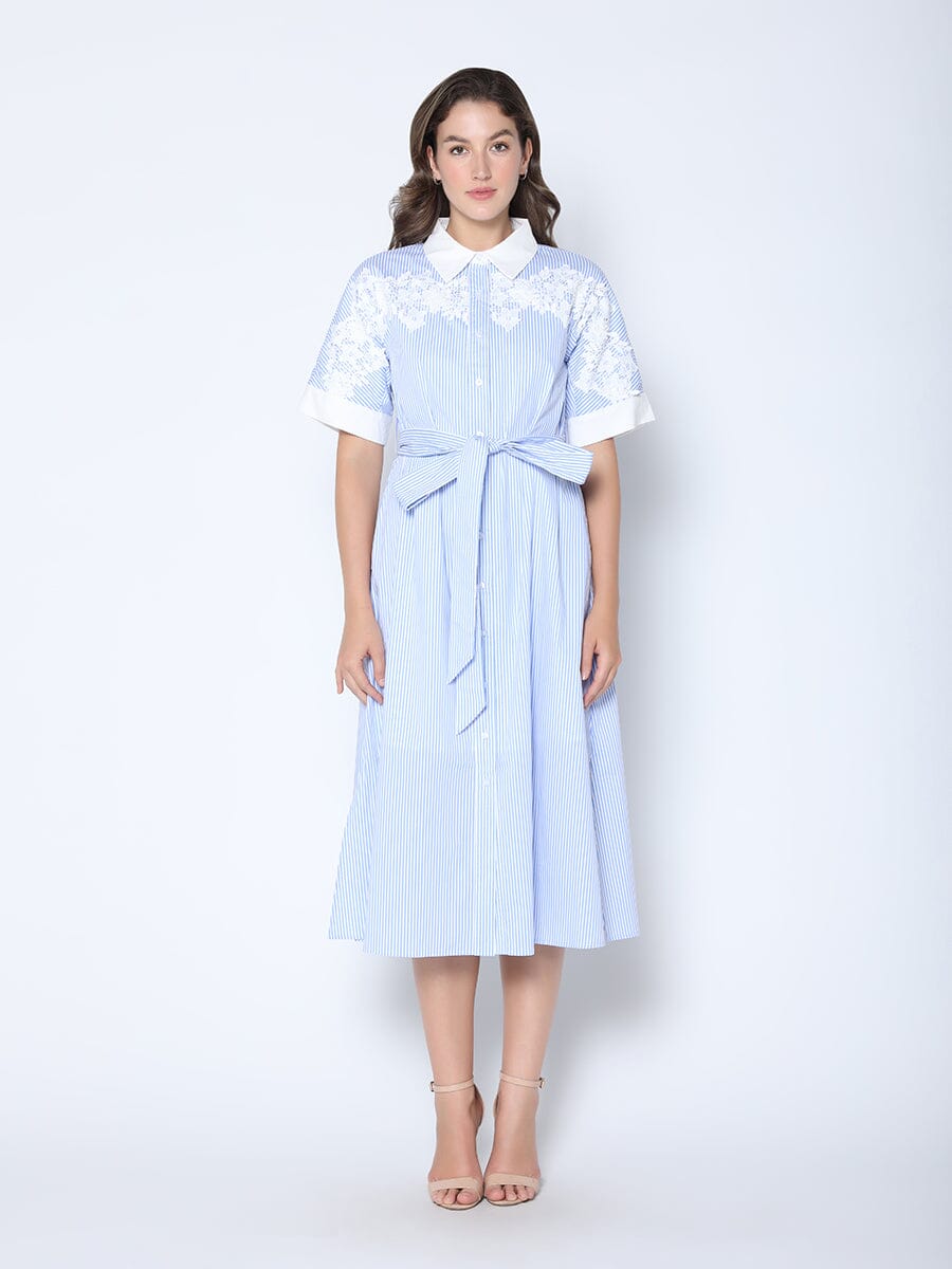 Striped A-Line Belted Dress with Embroidered Trim DRESS Gracia Fashion BLUE S 