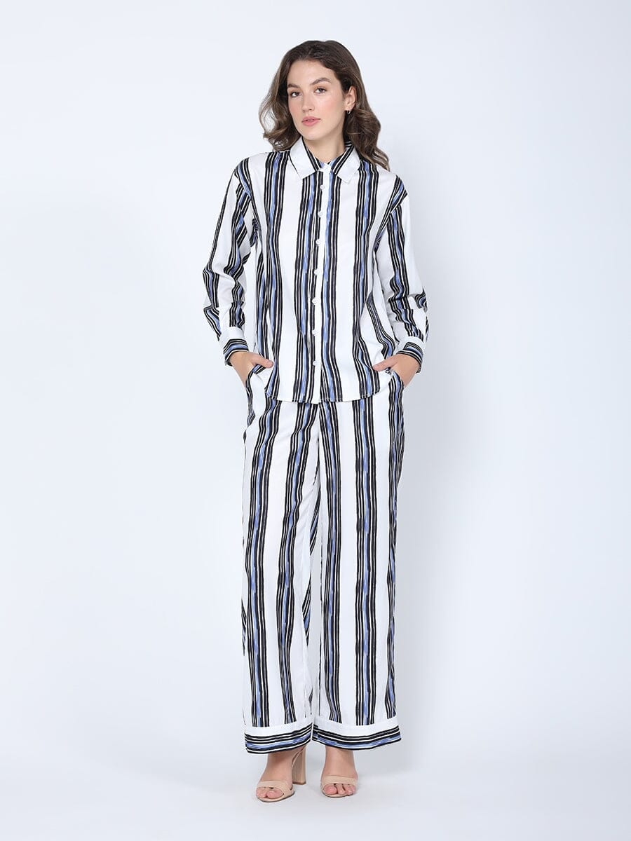 Striped Long Sleeve Pajama Set Shirt SKIRT Gracia Fashion WHITE S 