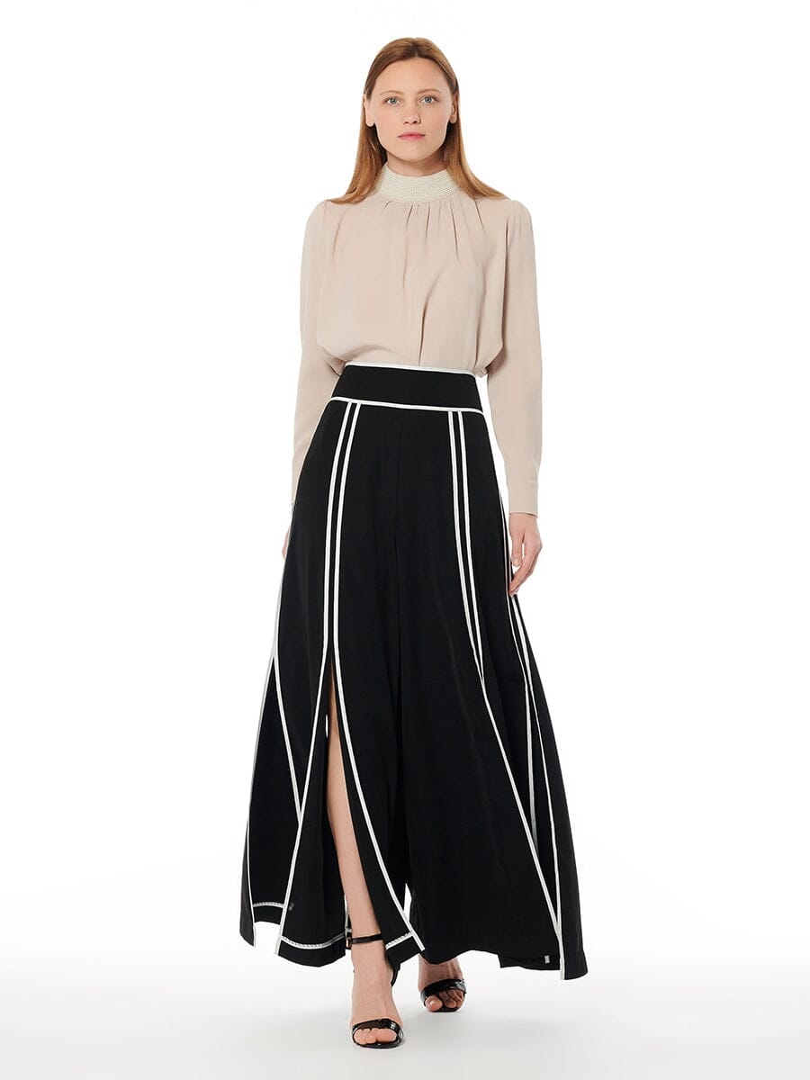 Taping Detail Slit Wide Pants PANTS Gracia Fashion BLACK S 