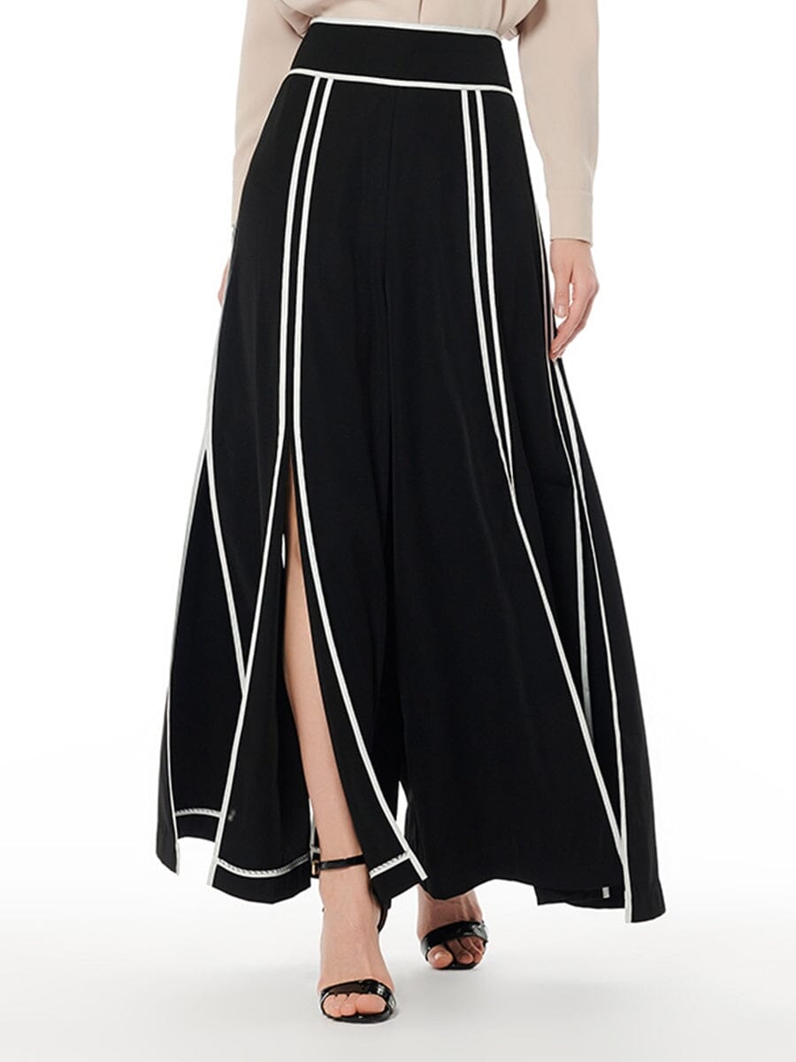 Taping Detail Slit Wide Pants PANTS Gracia Fashion BLACK S 