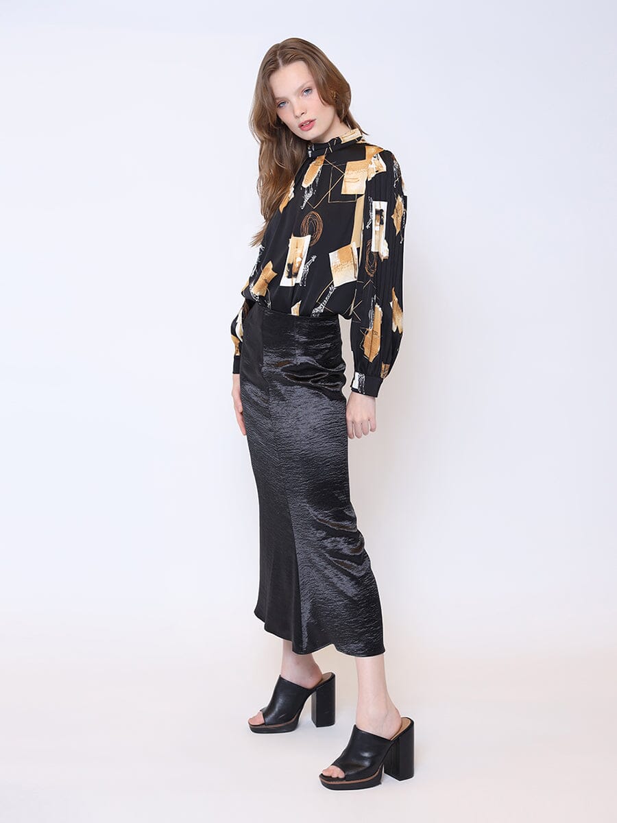 Textured Satin Fishtail Midi Skirt SKIRT Gracia Fashion BLACK S 