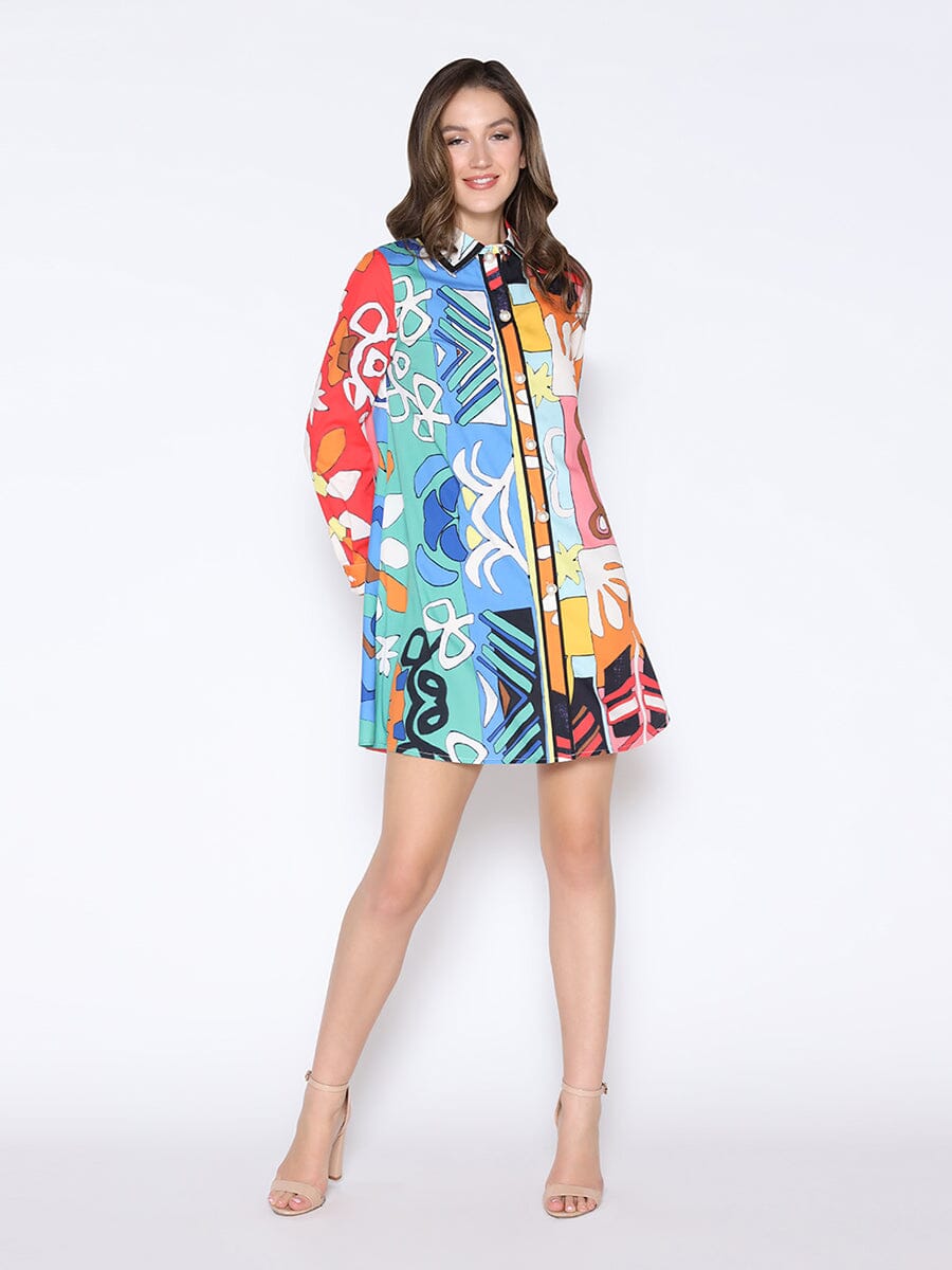 Tribal Print Pearl Button-Down Shirt Dress DRESS Gracia Fashion MULTI S 