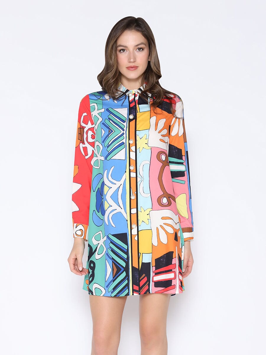 Tribal Print Pearl Button-Down Shirt Dress DRESS Gracia Fashion MULTI S 