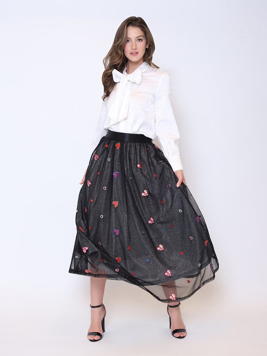 Tutu Tulle Heart Print Mesh A-Line Skirt SKIRT Gracia Fashion BLACK S 