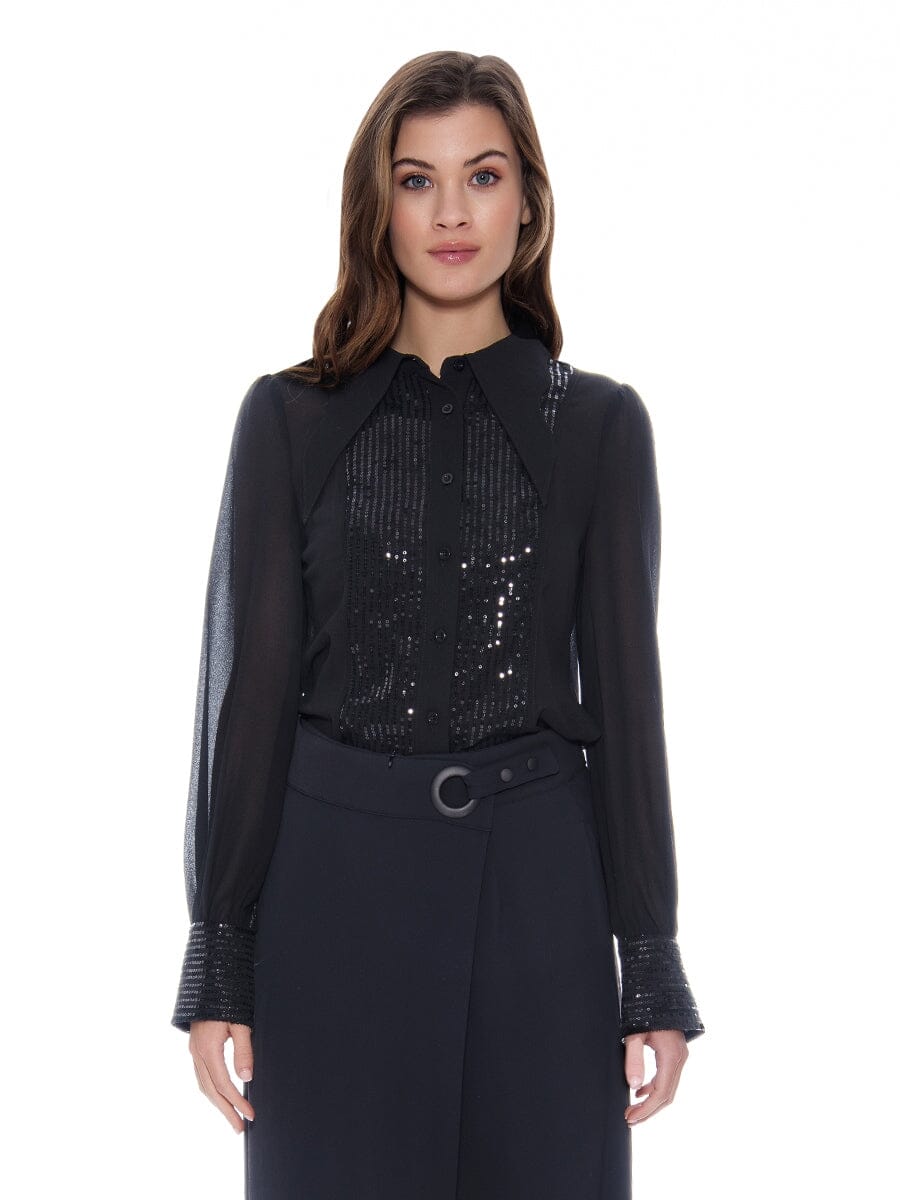 Wing-Collar Center-Glitter See-Through Blouse TOP Gracia Fashion BLACK S 