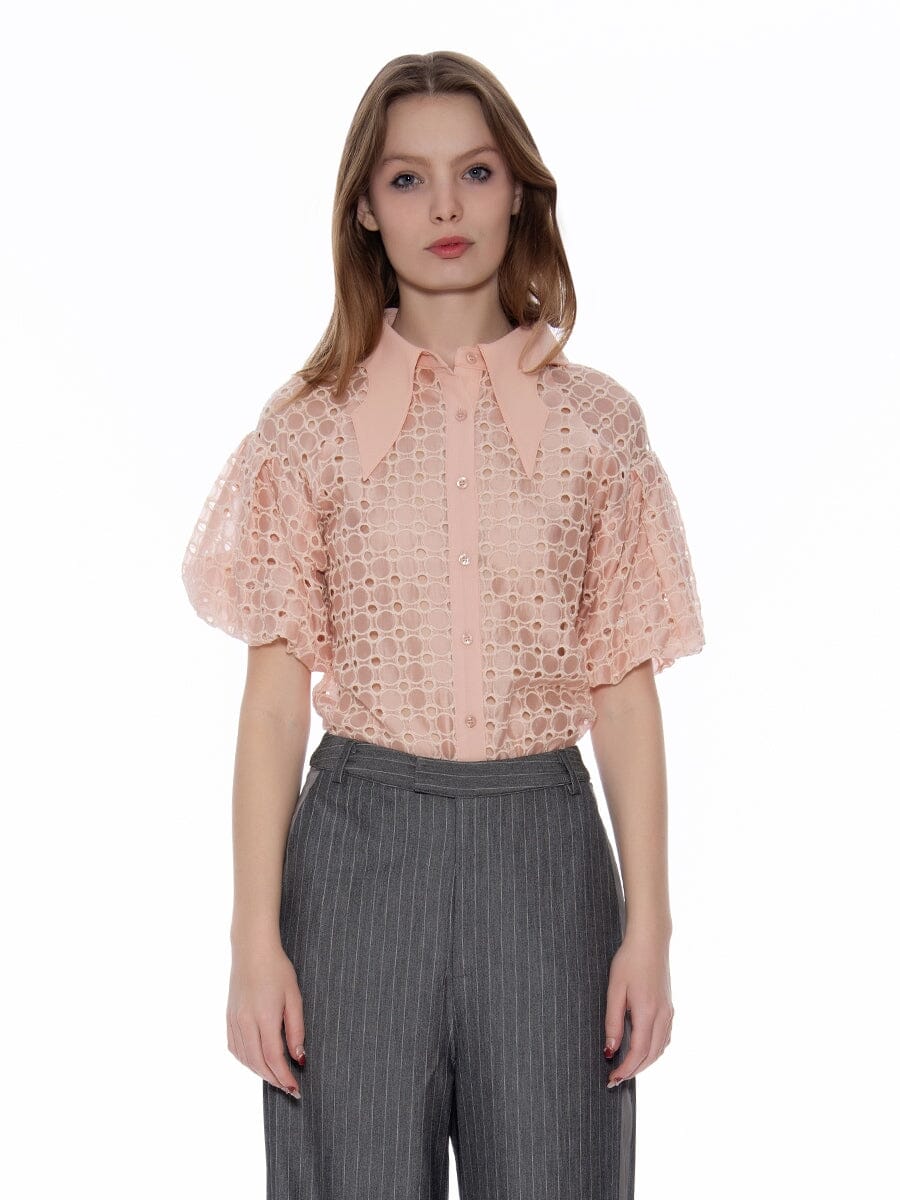 Wing Collar Circle Embroidered Puff Short Shirt TOP Gracia Fashion MAUVE S 