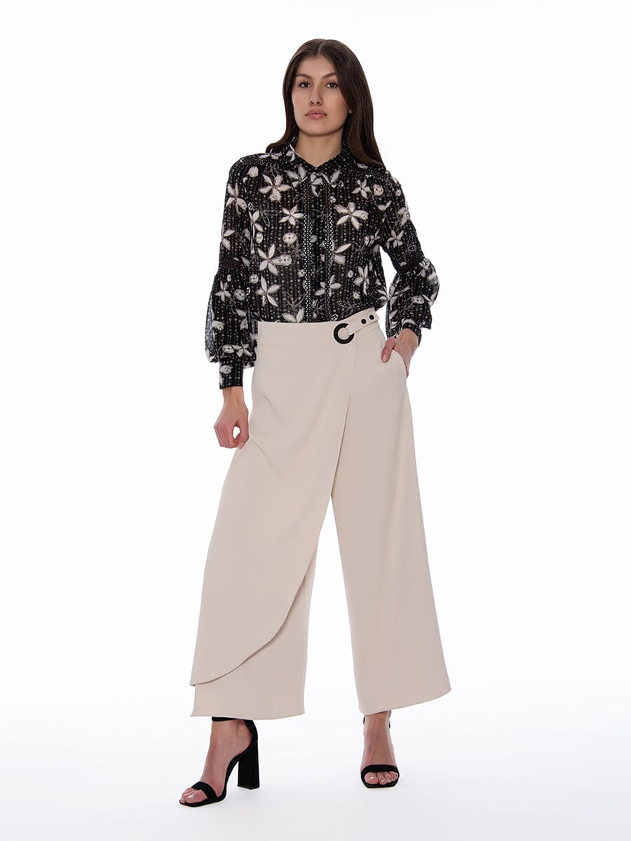 Women's Wrap Wide Leg Pants PANTS Gracia Fashion BEIGE S 