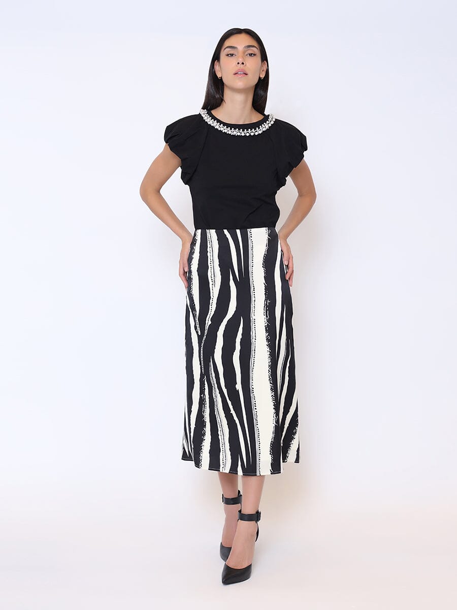 Zebra Print Satin Midi Skirt SKIRT Gracia Fashion BLACK S 