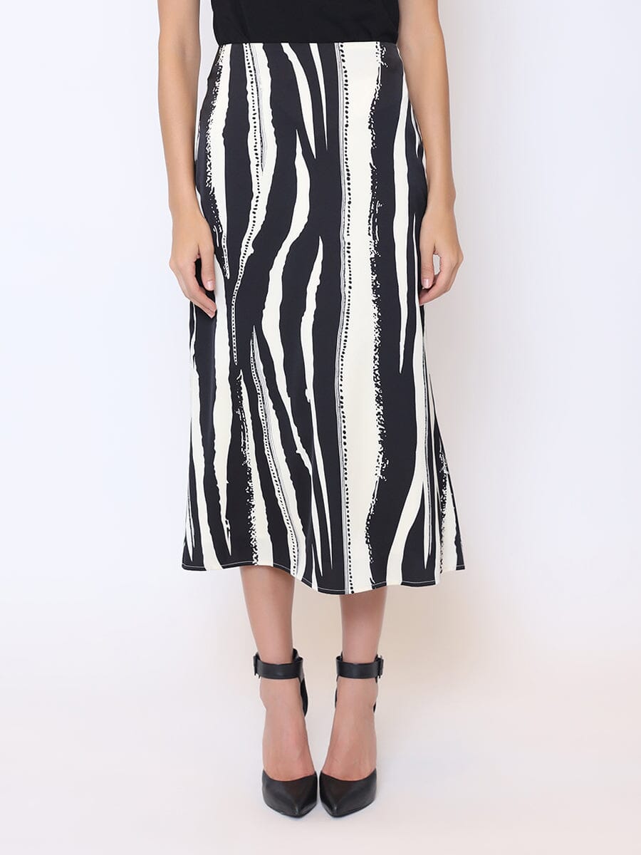 Zebra Print Satin Midi Skirt SKIRT Gracia Fashion BLACK S 