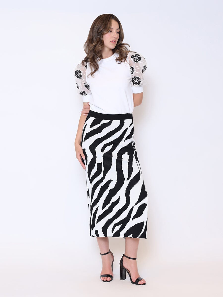 Zebra Stripe Side Slit Knit Pencil Skirt SKIRT Gracia Fashion WHITE/BLACK S 