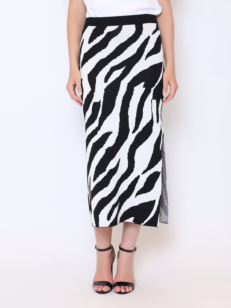 Zebra Stripe Side Slit Knit Pencil Skirt SKIRT Gracia Fashion WHITE/BLACK S 