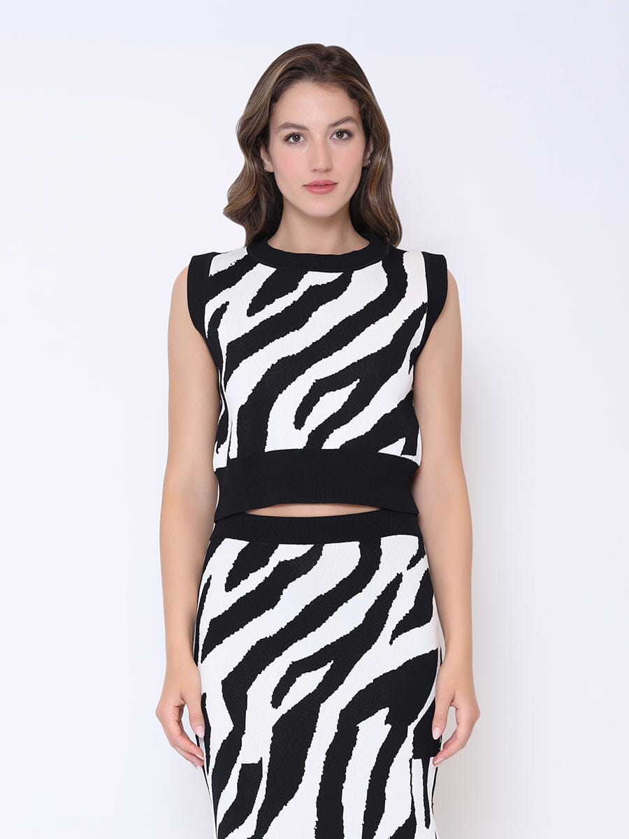 Zebra Striped Copped Knit Tank Top TOP Gracia Fashion WHITE/BLACK S 