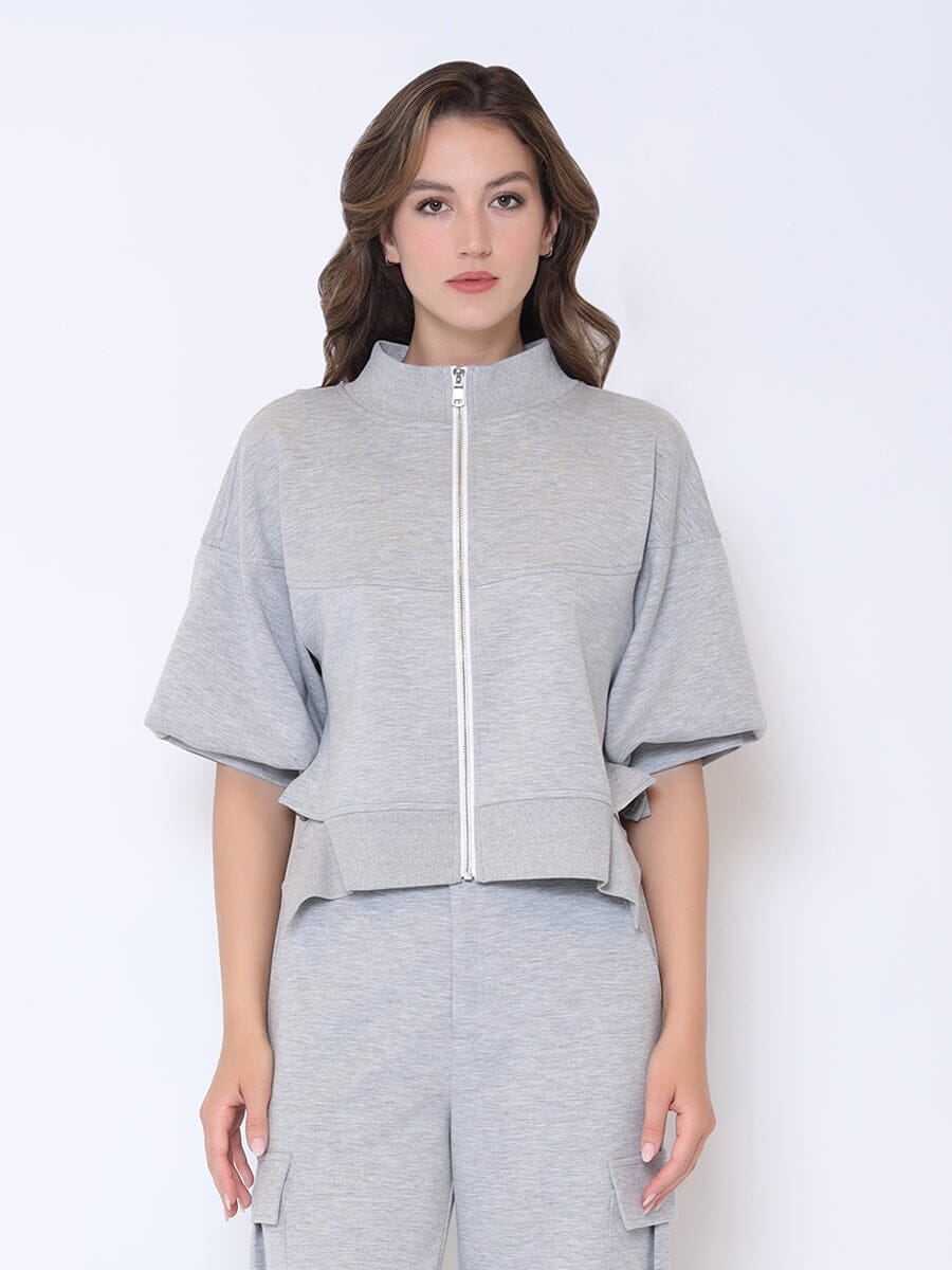 Zip-Up Split Side Puff Sleeve Jacket JACKET Gracia Fashion GREY S 