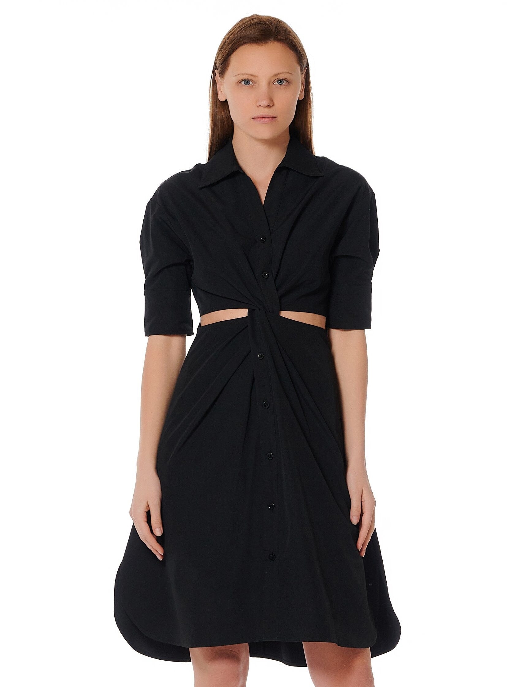 Cut Out Button Down Twist Knot Dress DRESS Gracia Fashion BLACK S 