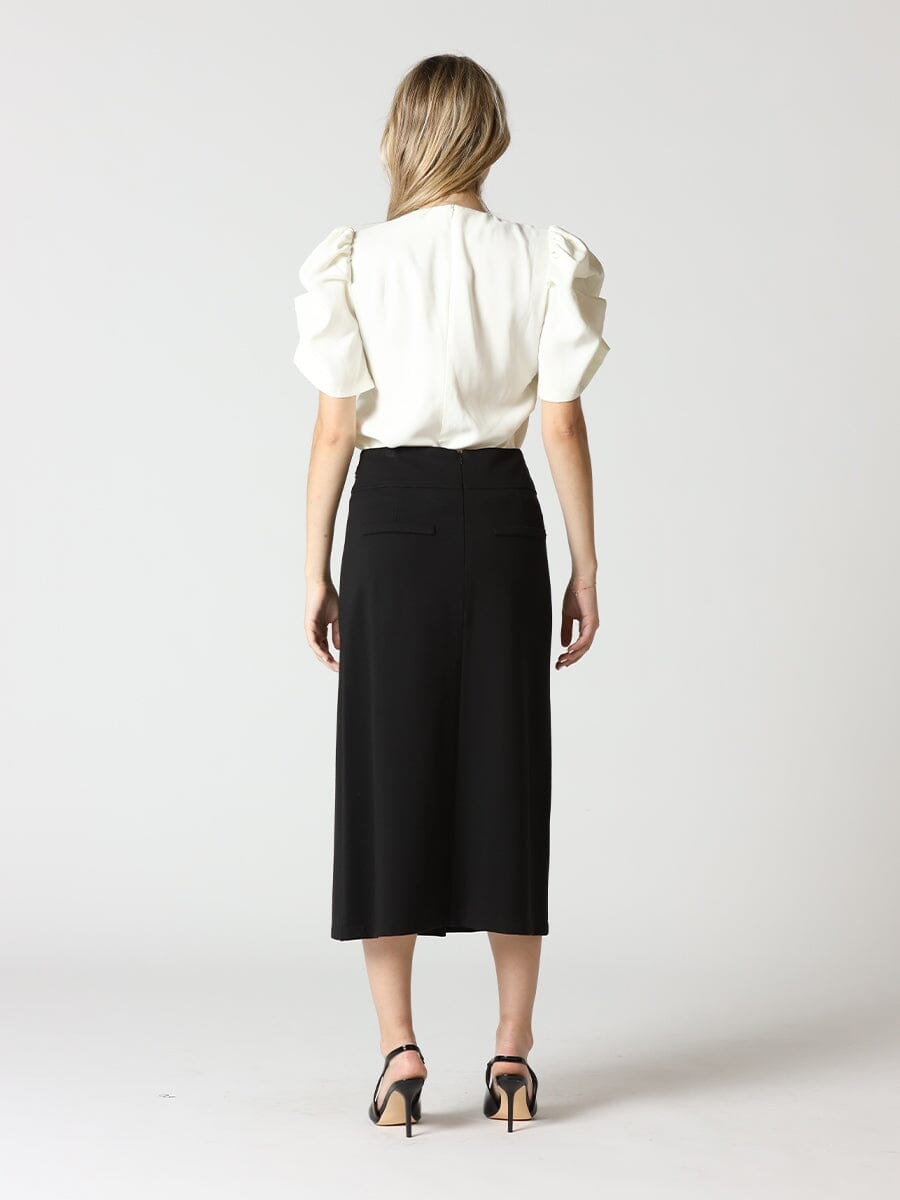 Front-Side Flap Pleated Midi Skirt with Side-Chain - Gracia Fashion