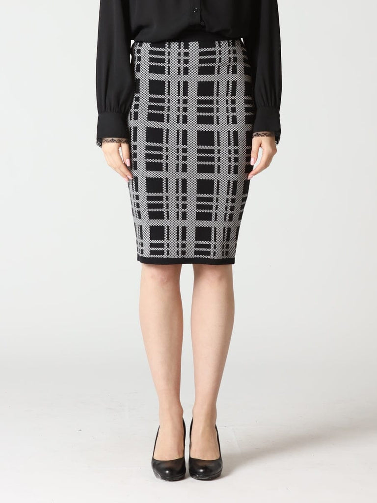 Knit Checked Pattern Bodycon Midi Skirt - Gracia Fashion