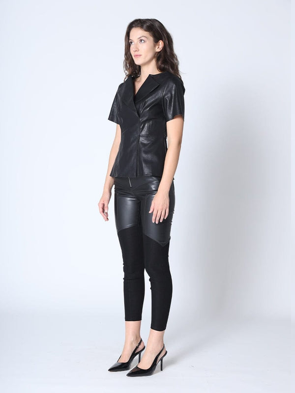 Leather Pin Tuck Detail Top Black / L