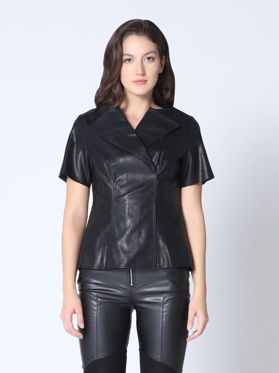 Leather Pin Tuck Detail Top - Gracia Fashion