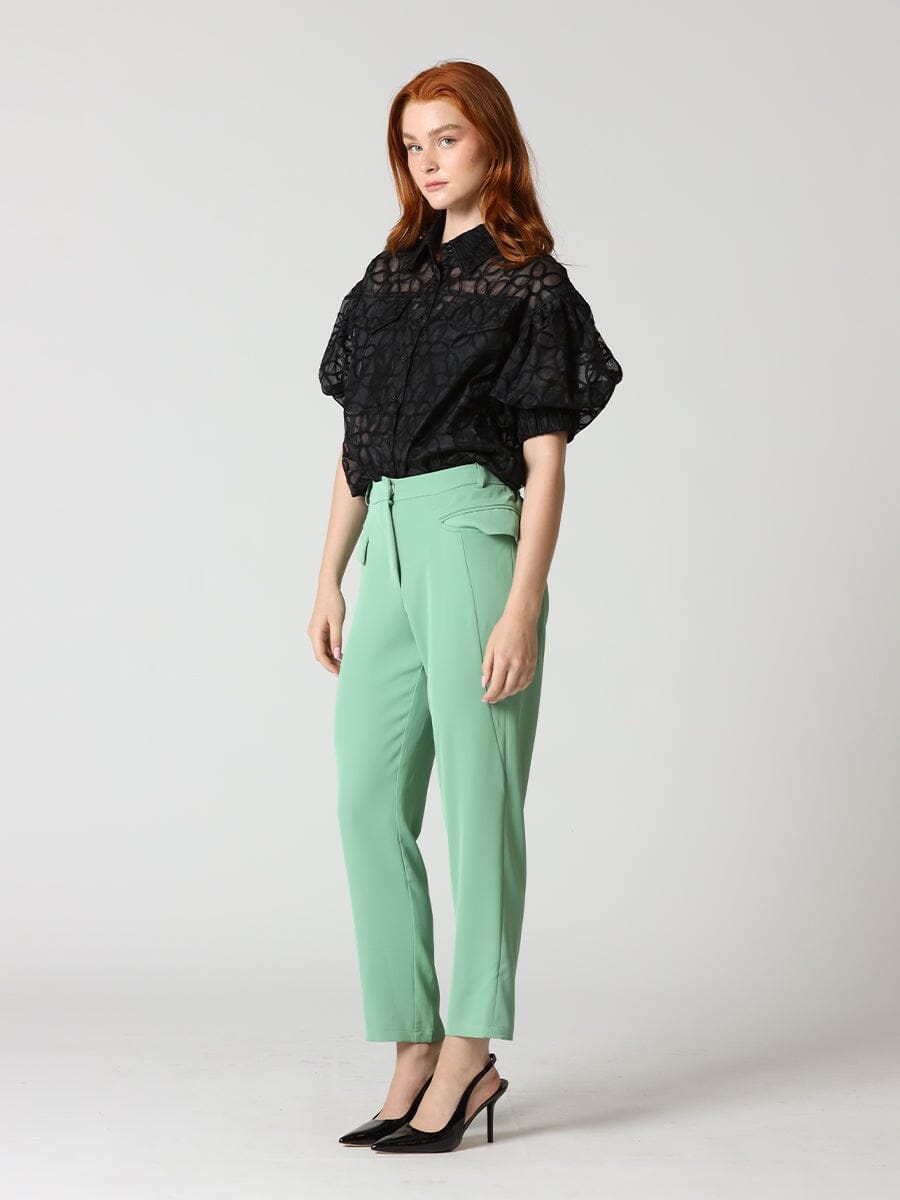 Sheer Flower Pattern Puff Sleeves Collor Shirt - Gracia Fashion